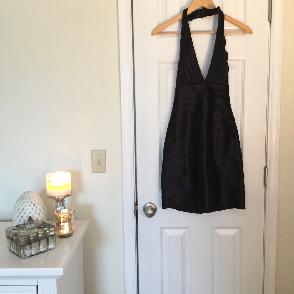 Black satin BCBGMaxAzria halter dress
